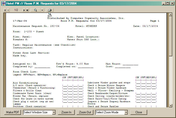 Issued Room PM Work Order